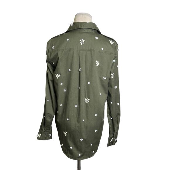 Joie “Hayfa” Military Green Button Front Floral Embellished Shirt size XS - Picture 2 of 13